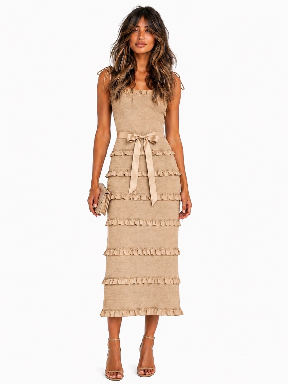 V. Chapman Lily Dress Midi In Warm Sand Size 8